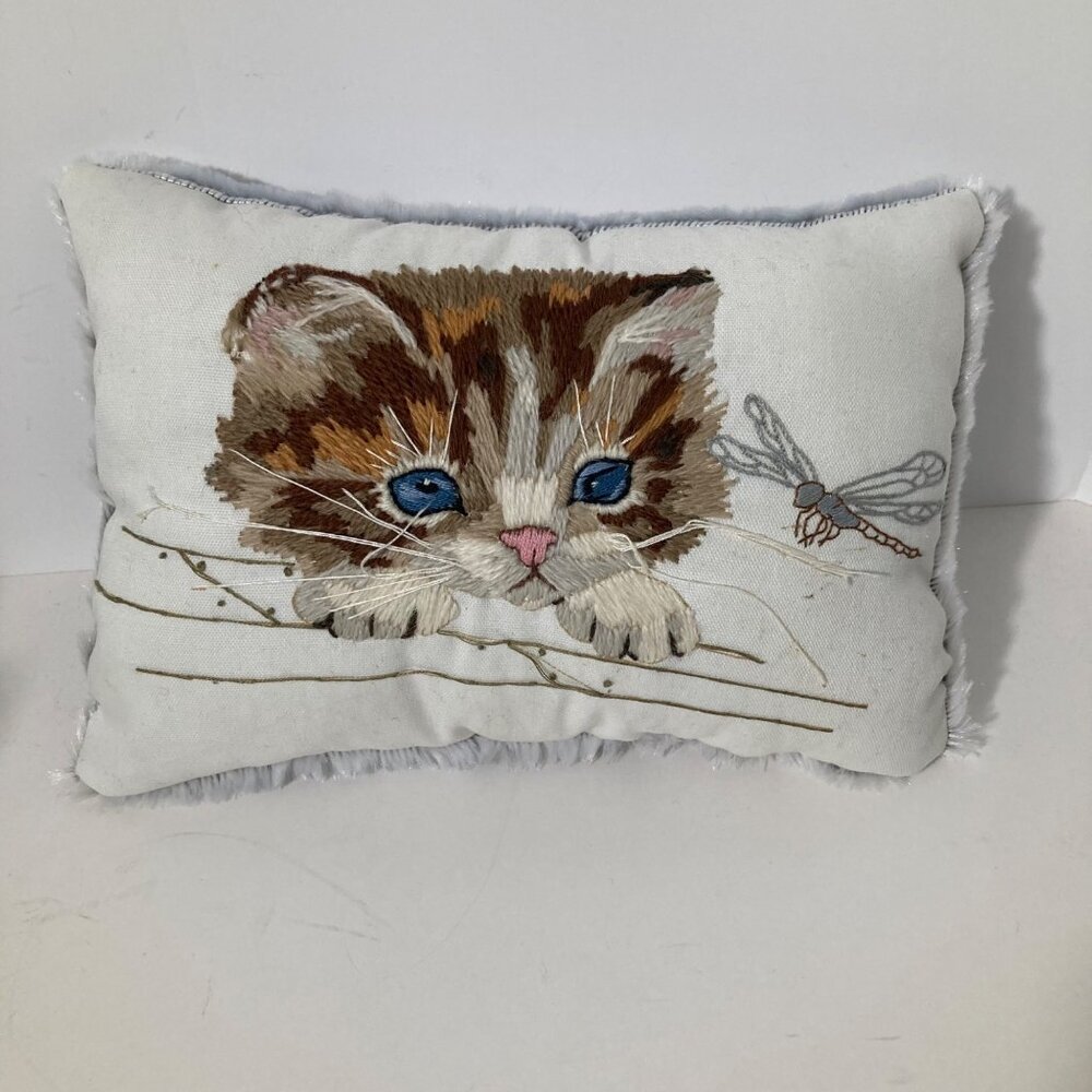 Handmade Crewel Embroidered Kitty Dragonfly Pillow Faux Fur Backing 10 x 6 x 4"